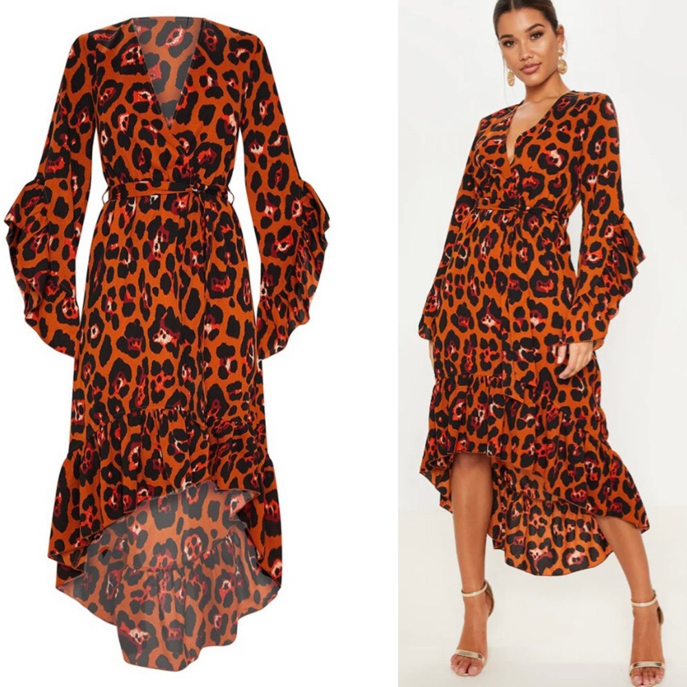 PrettyLittleThing Leopard Print Ruffle Wrap Dress - Picture 2 of 9